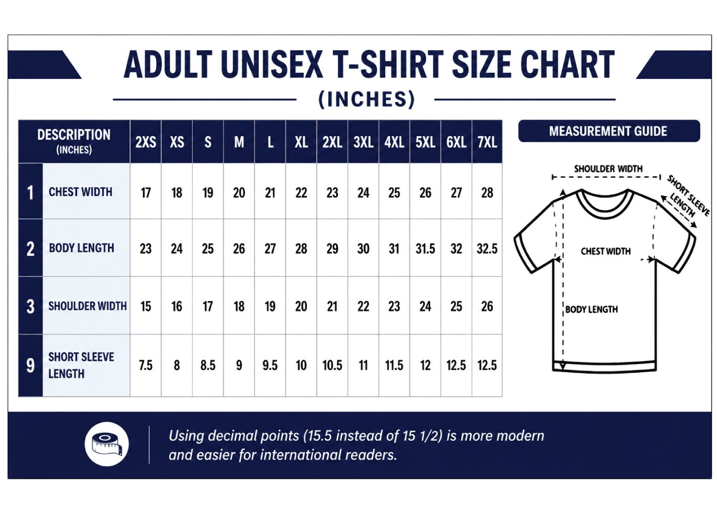 JMFR 2026 adult unisex t-shirt size chart in inches — chest width, body length, shoulder width and short sleeve length for sizes 2XS to 7XL